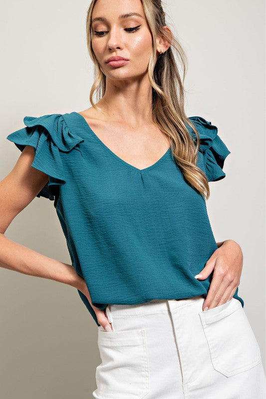 Teal Double Ruffle Sleeve V- Neck Top