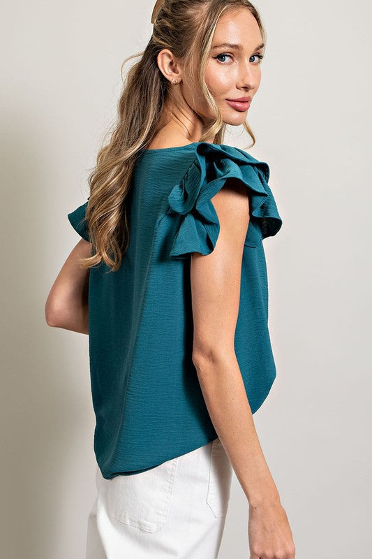 Teal Double Ruffle Sleeve V- Neck Top