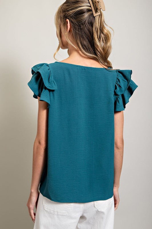 Teal Double Ruffle Sleeve V- Neck Top