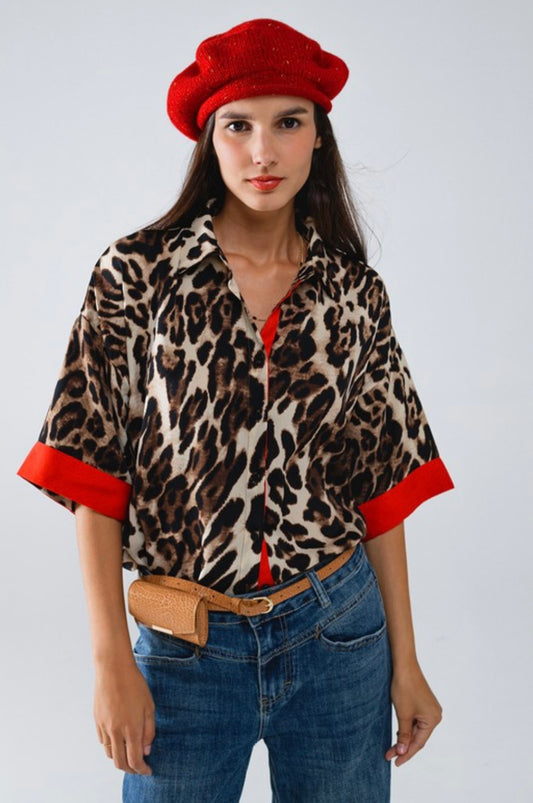 Leopard 3/4 Sleeve Top With Red Detail