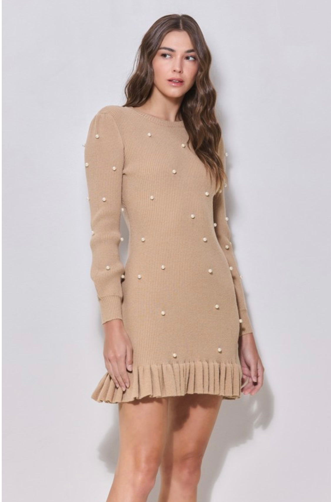 Taupe Pearl Embellished Knit Dress.