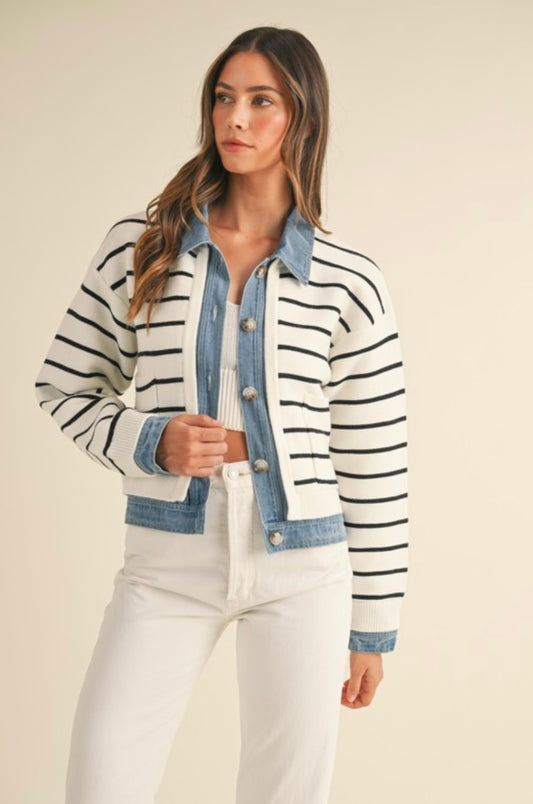 Cream Stripe Knit And Denim Cardigan