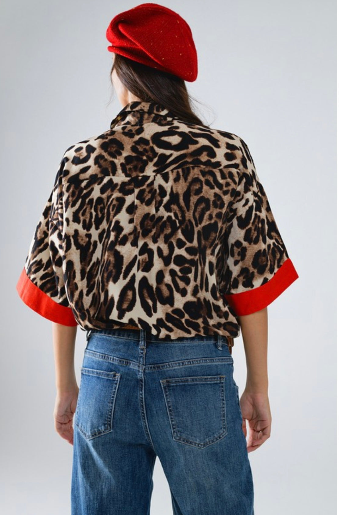 Leopard 3/4 Sleeve Top With Red Detail