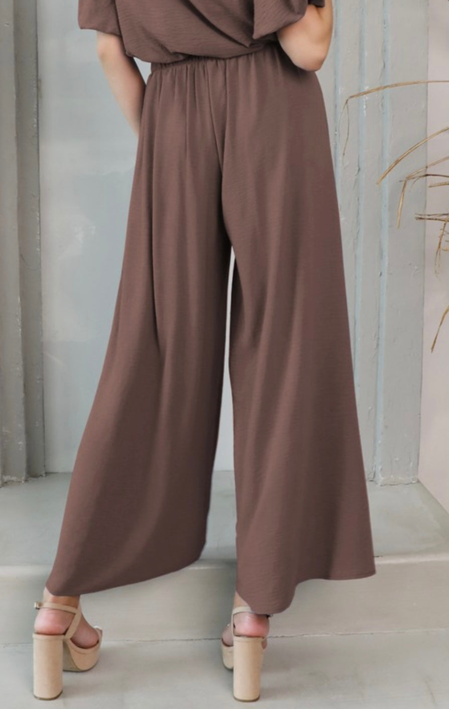 Mocha Matte Crepe Pleated Pants With Wide Leg