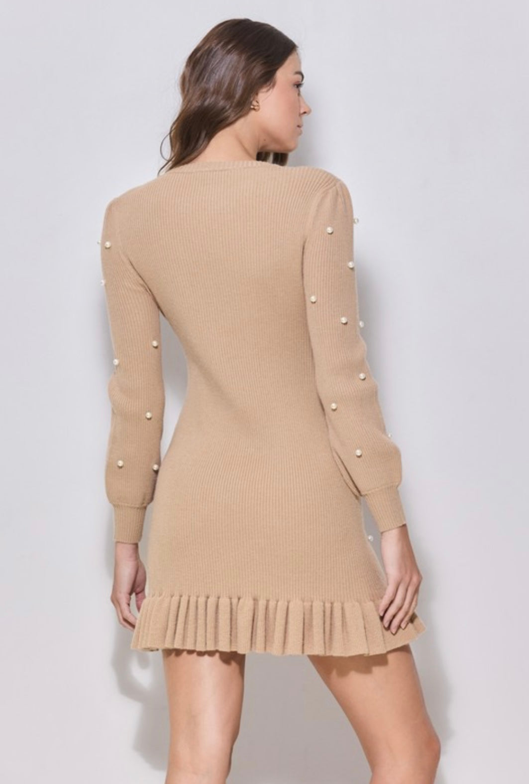 Taupe Pearl Embellished Knit Dress.