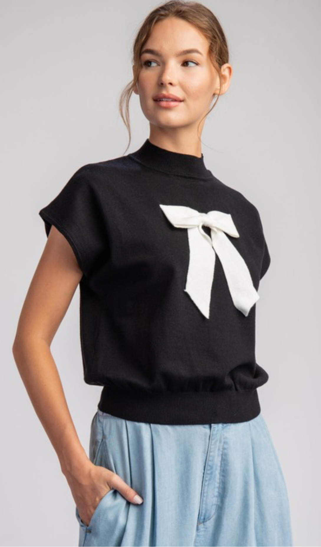 Black Mock Neck Line Sweater With Ivory Bow