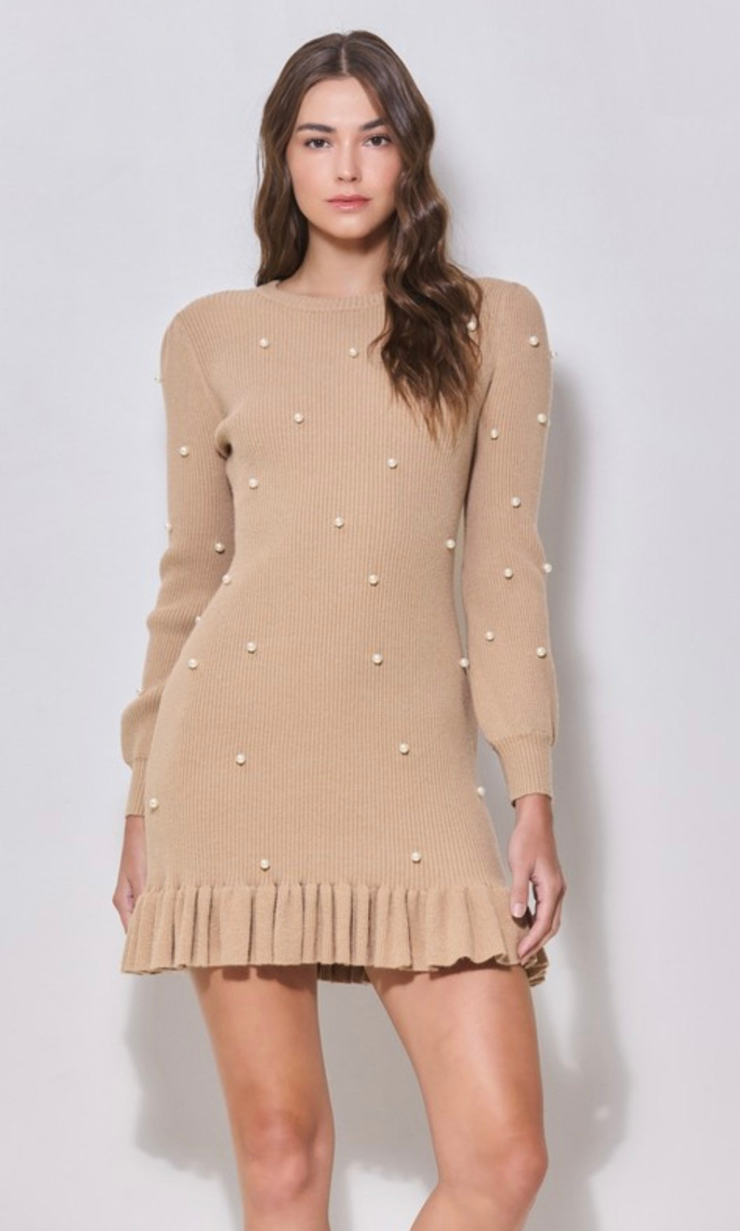 Taupe Pearl Embellished Knit Dress.