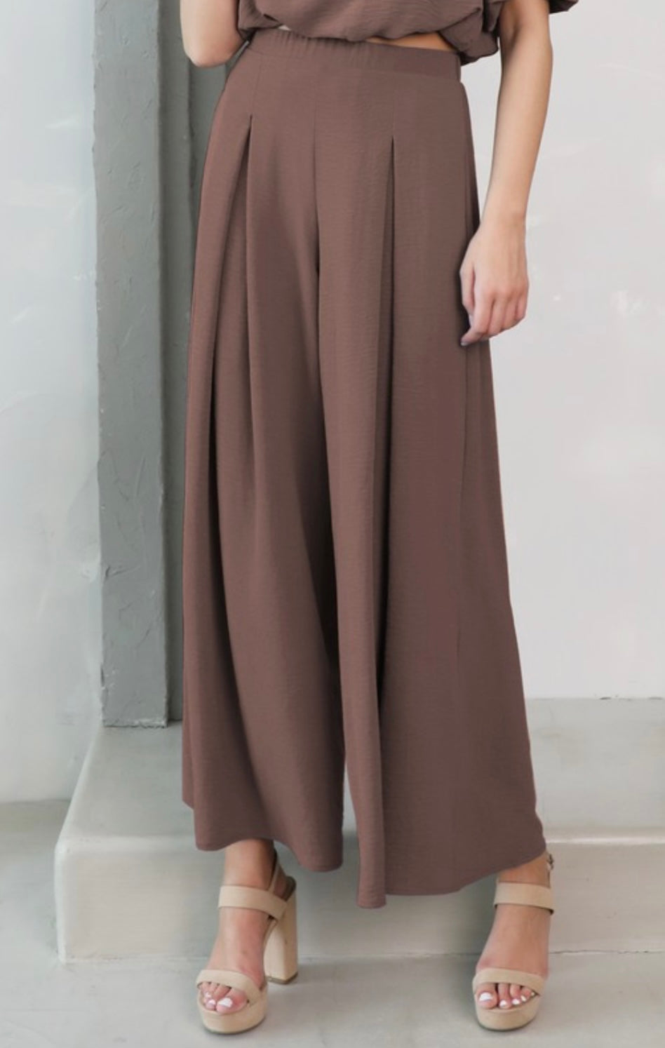 Mocha Matte Crepe Pleated Pants With Wide Leg