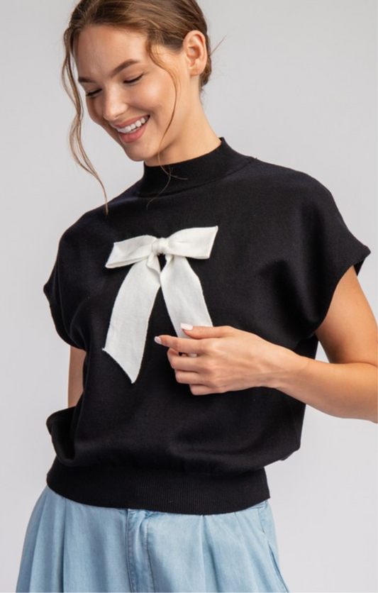 Black Mock Neck Line Sweater With Ivory Bow