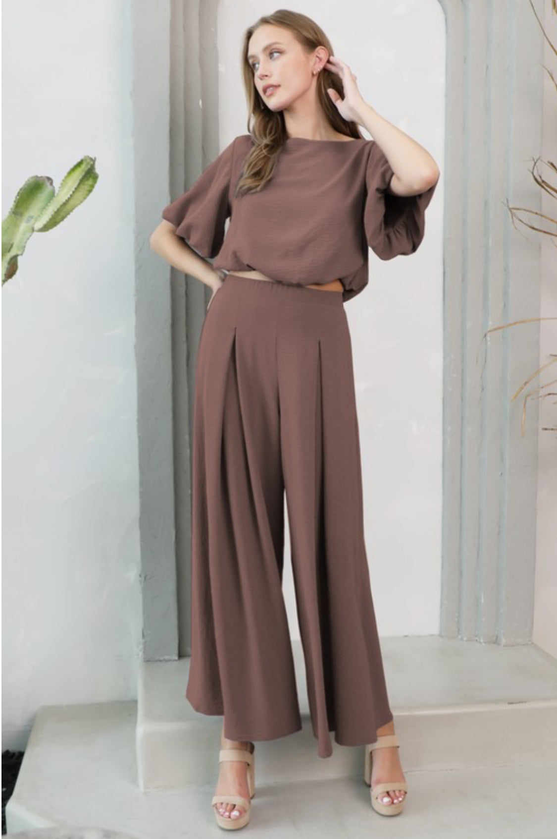 Mocha Matte Crepe Pleated Pants With Wide Leg