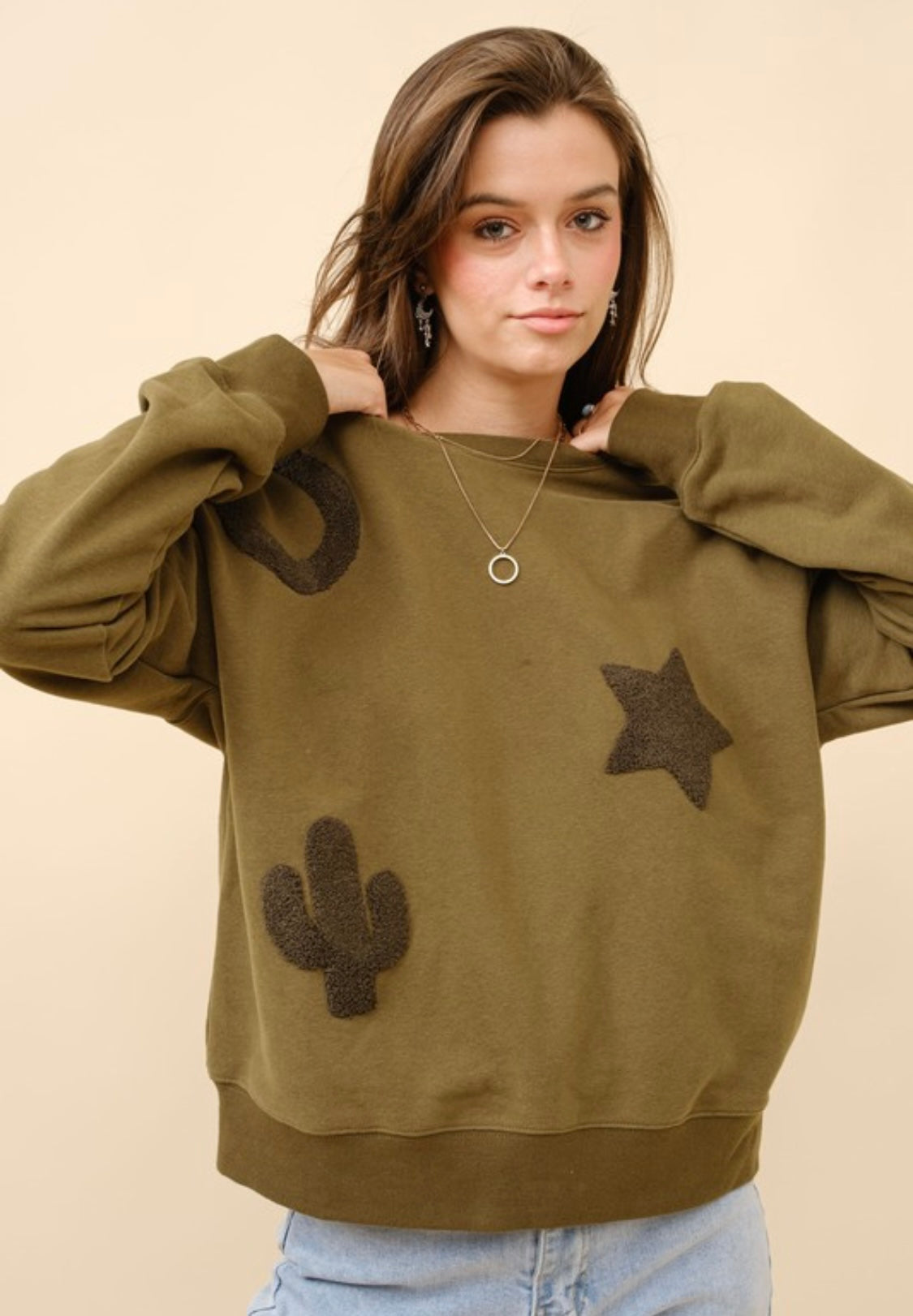 Olive Western texture patchwork sweatshirt