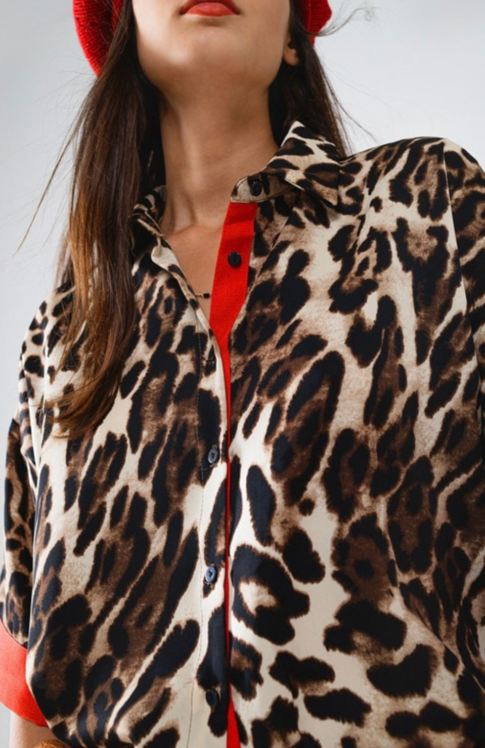 Leopard 3/4 Sleeve Top With Red Detail