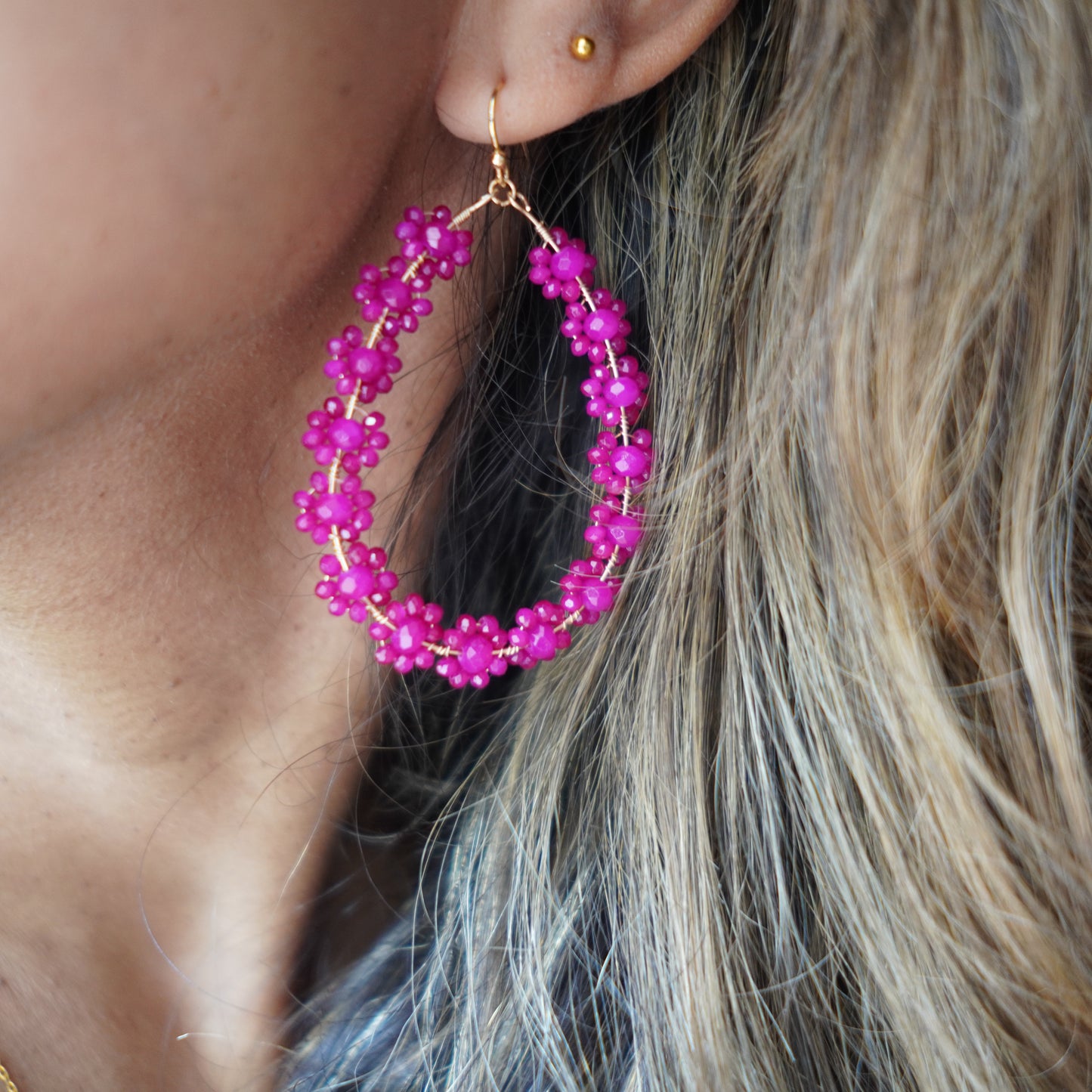 Magenta Beaded Flower Statement Earrings