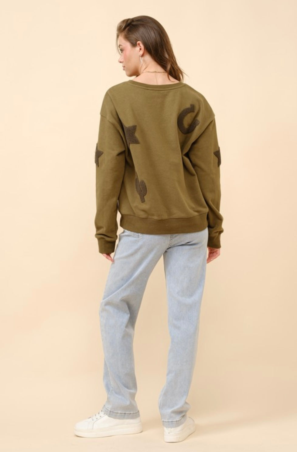 Olive Western texture patchwork sweatshirt