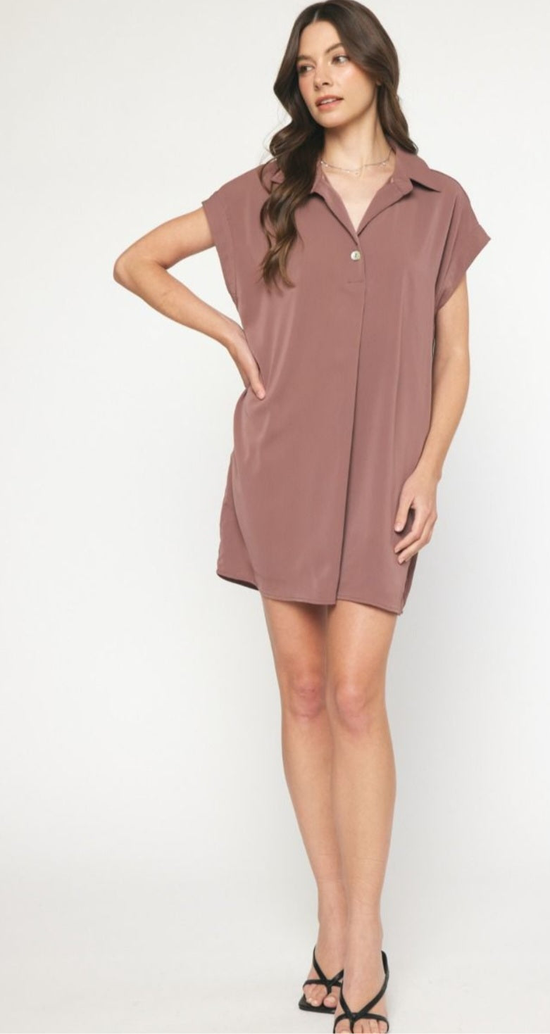 Ash Brown Collared Short Sleeve Mini Dress