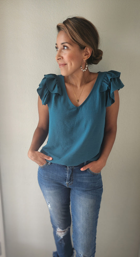 Teal Double Ruffle Sleeve V- Neck Top