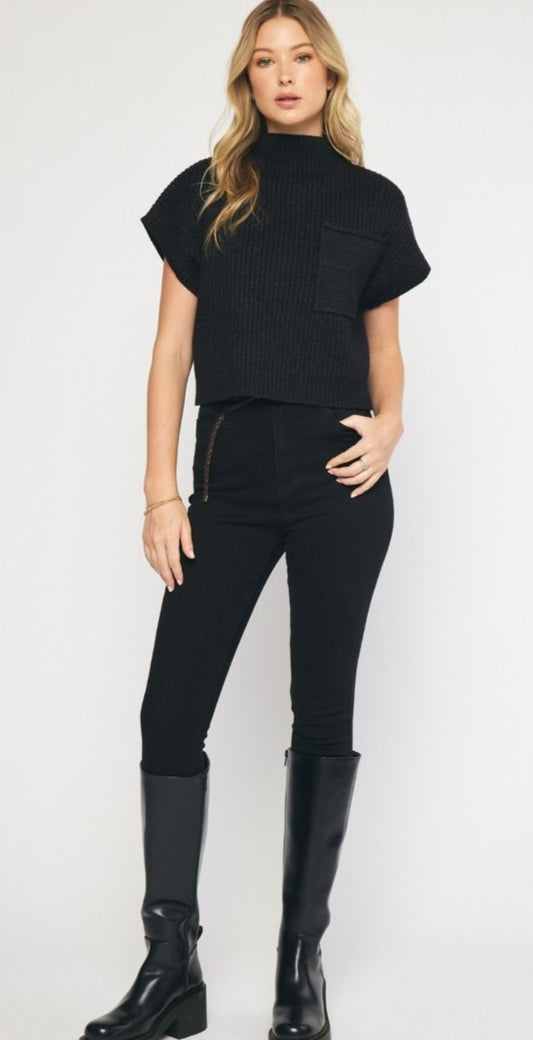 Black Solid Knitted Mock Neck Sweater