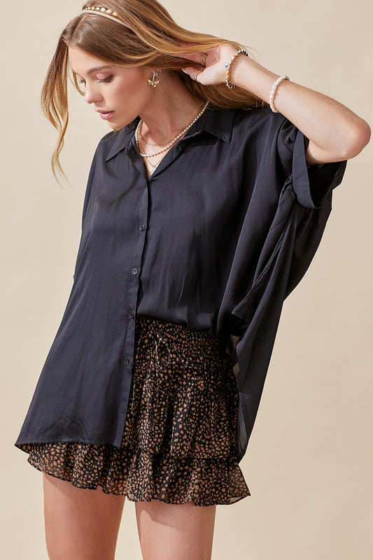 Black Oversized Satin Button Down Blouse