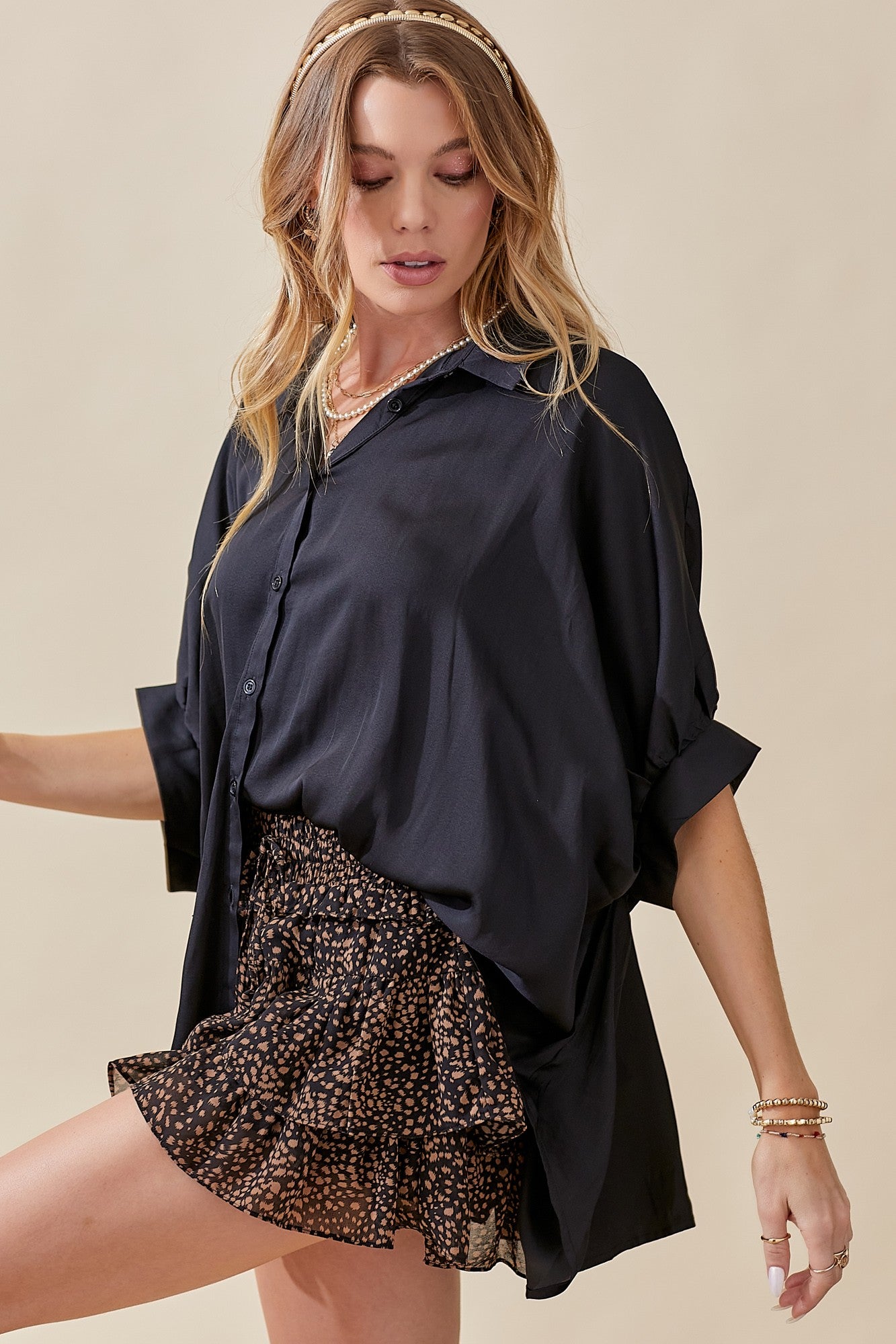 Black Oversized Satin Button Down Blouse