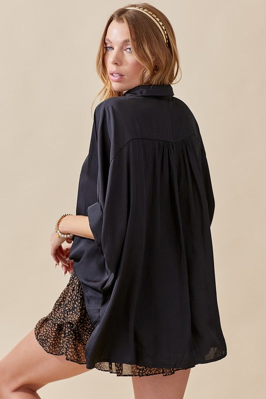 Black Oversized Satin Button Down Blouse