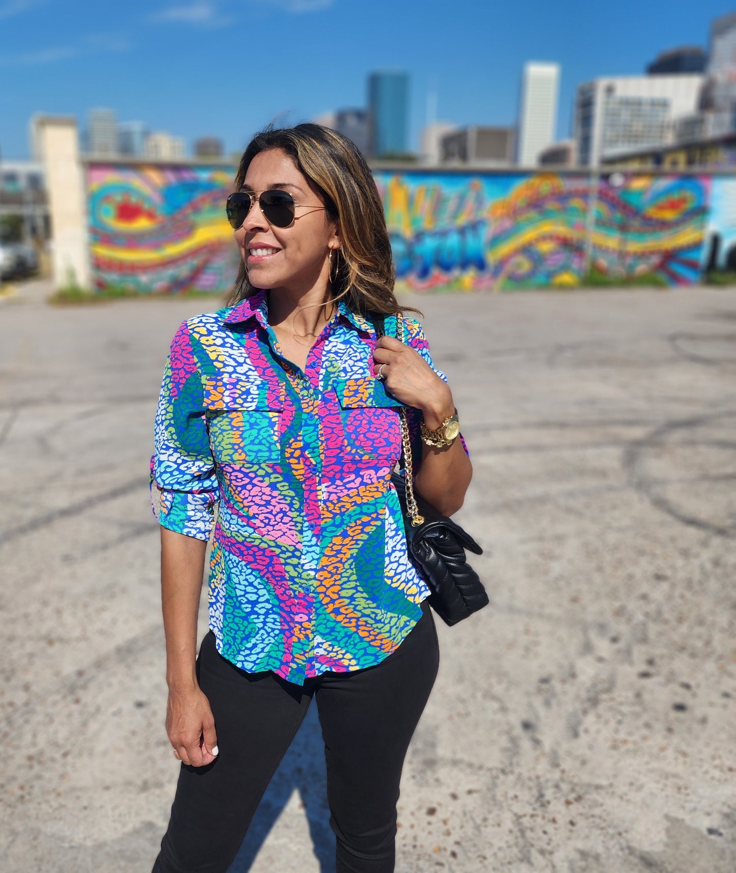 Blue Animal Print Button Down Top