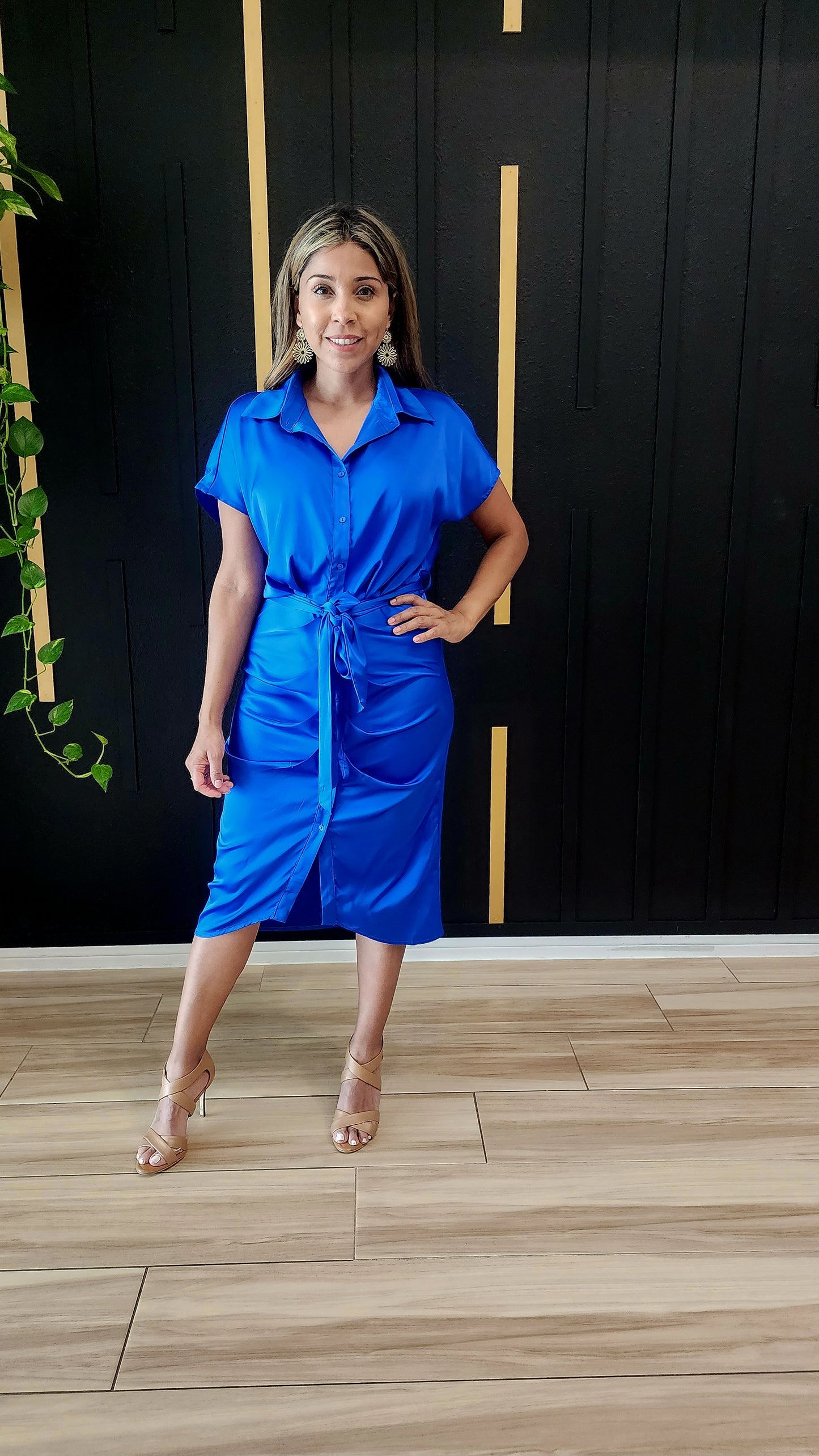 Royal Blue Satin Pleated Classy Shirt Dress