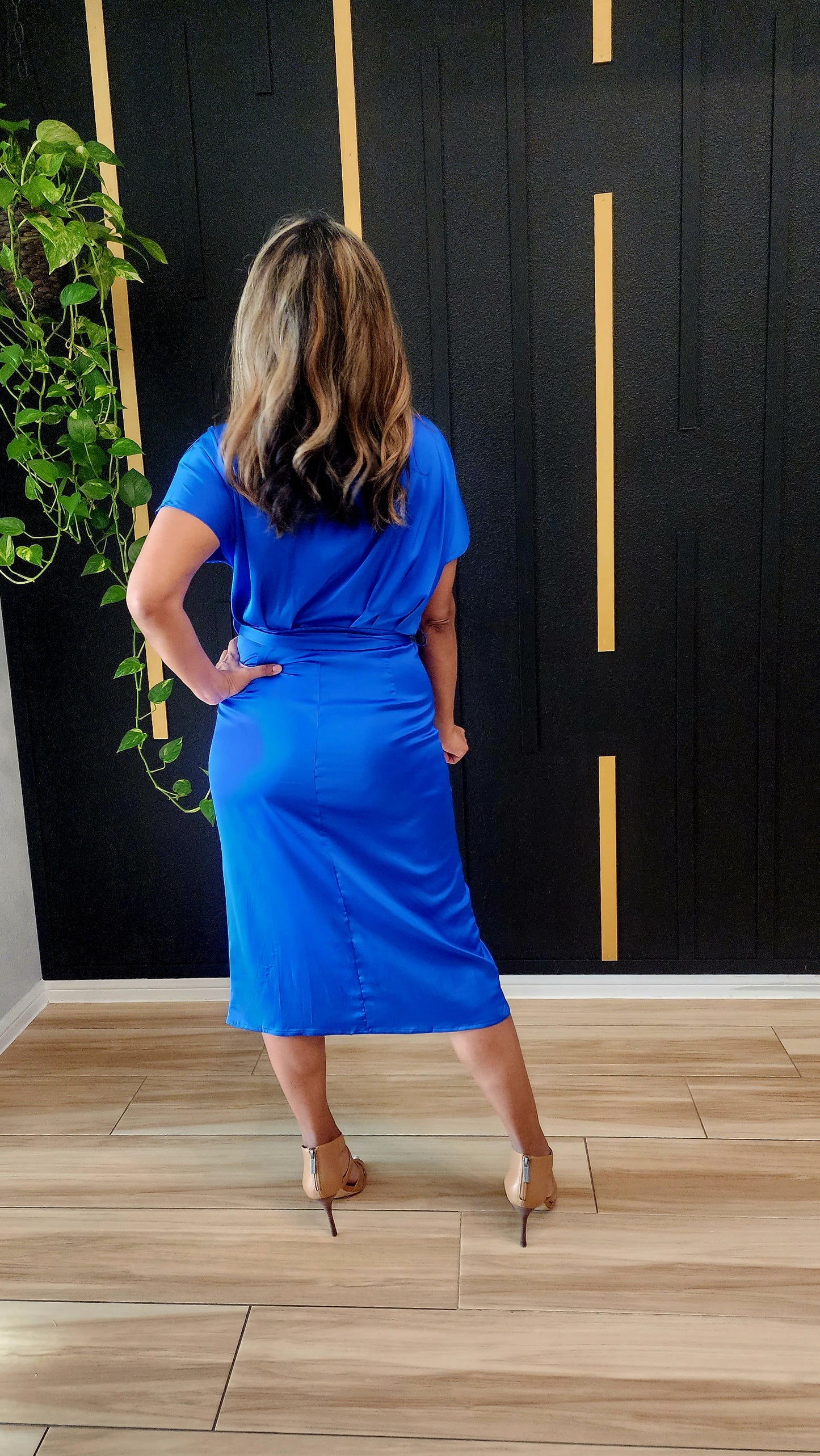 Royal Blue Satin Pleated Classy Shirt Dress