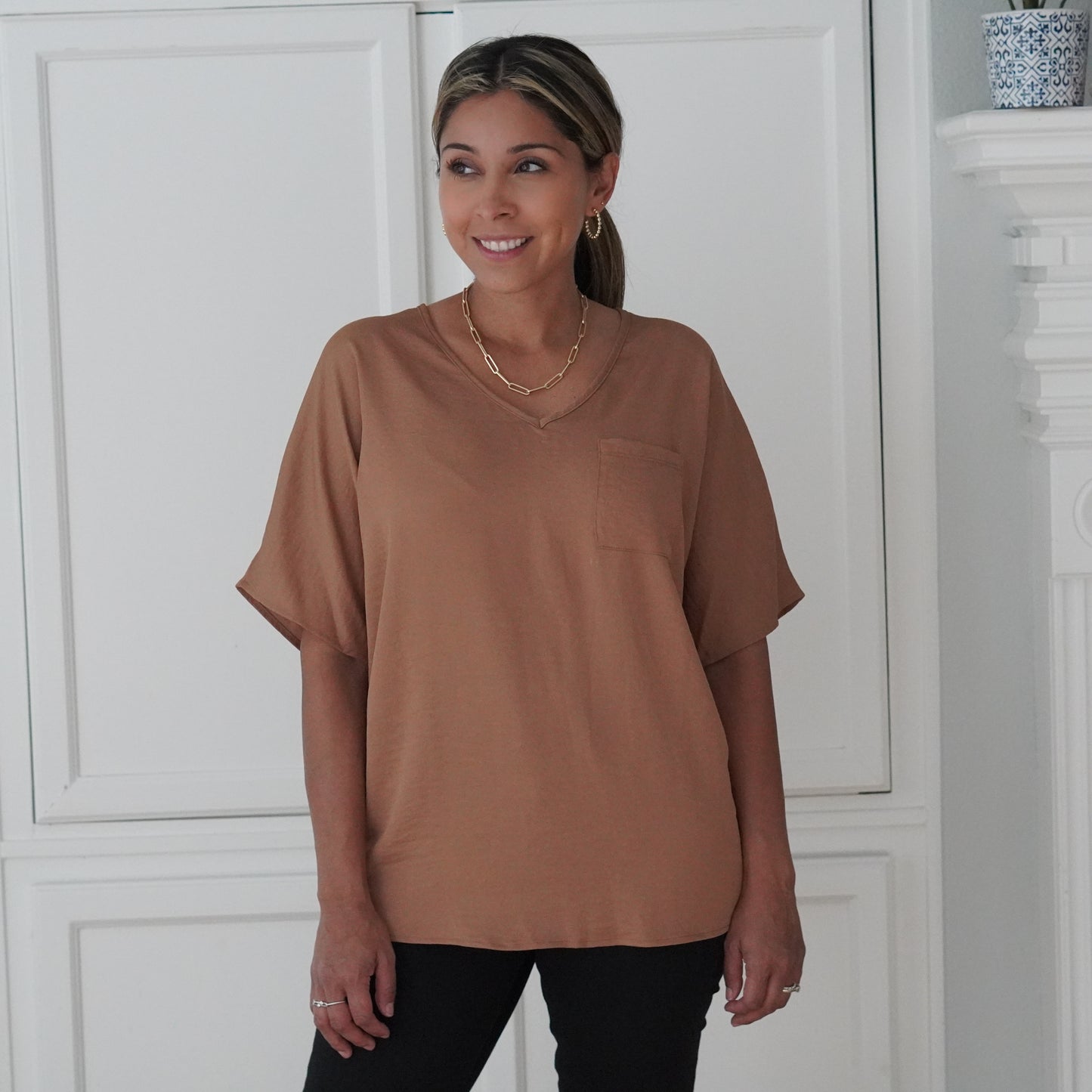 Latte V-Neck Loose Fit Tunic Top