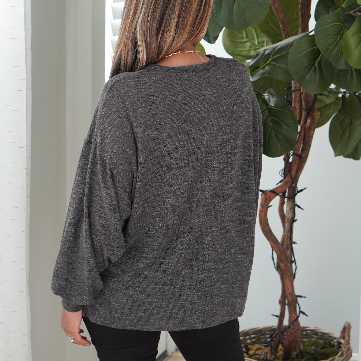 Charcoal  Slub Knit Long Sleeve Top