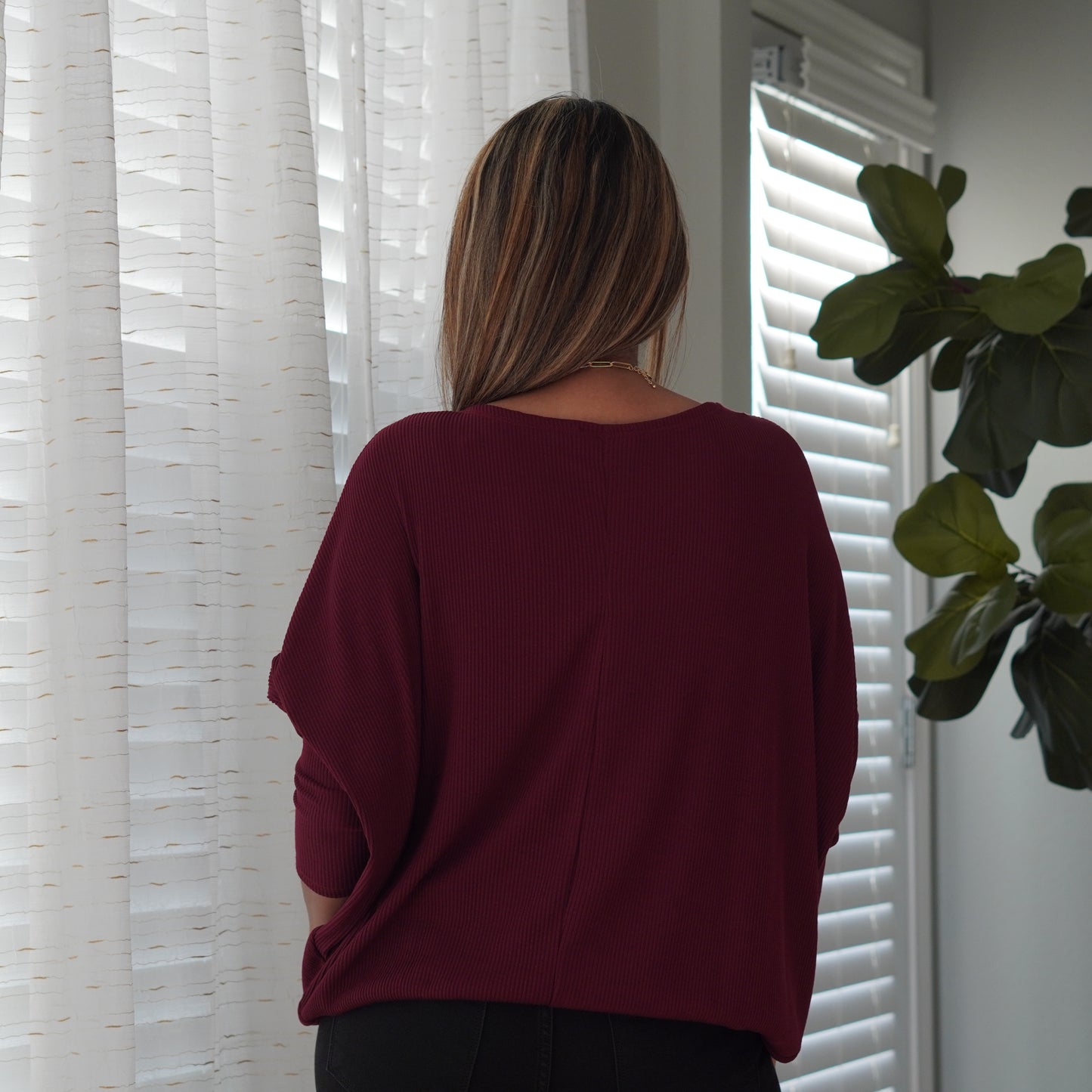 Wine Colored Soft Ribbed Dolman Top