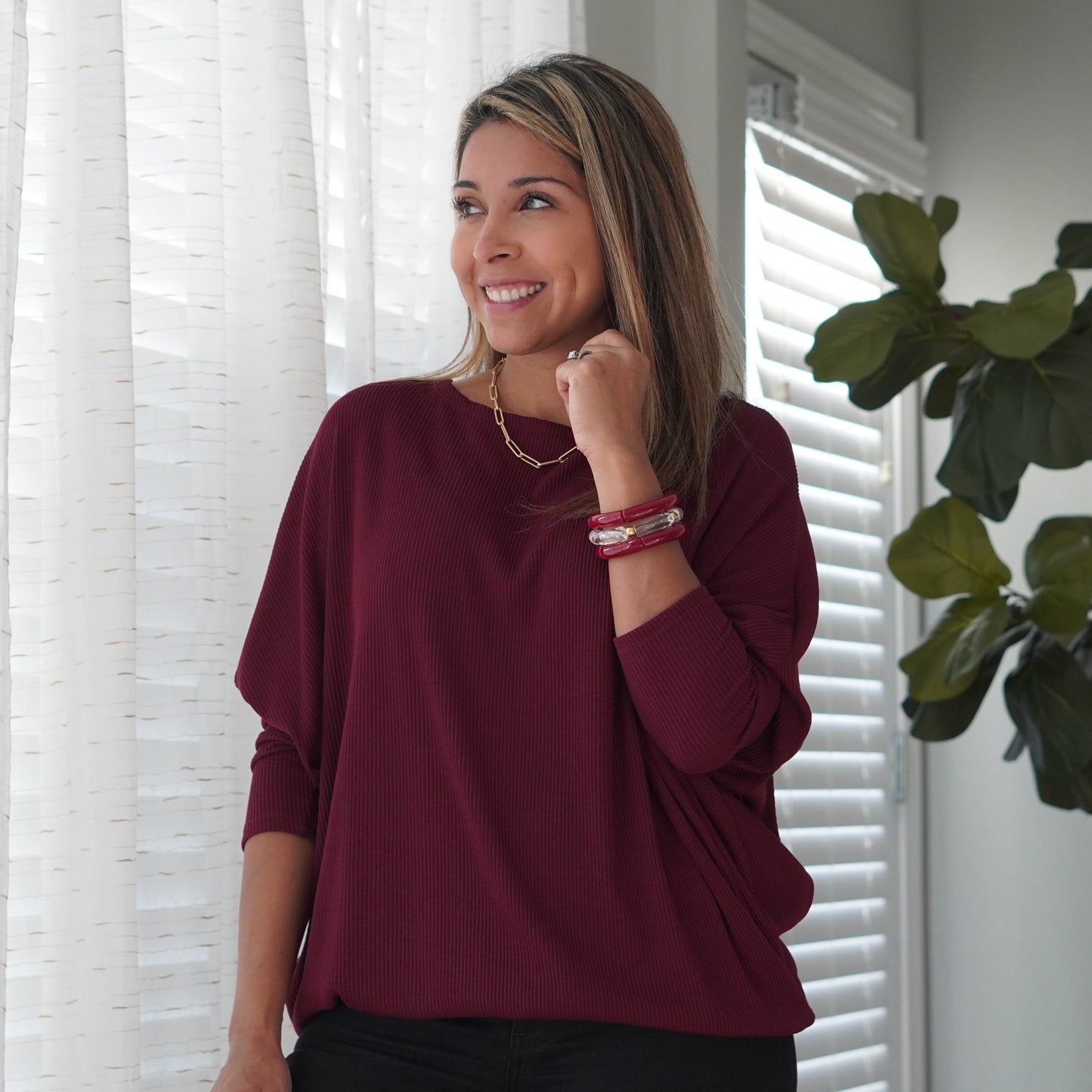 Wine Colored Soft Ribbed Dolman Top