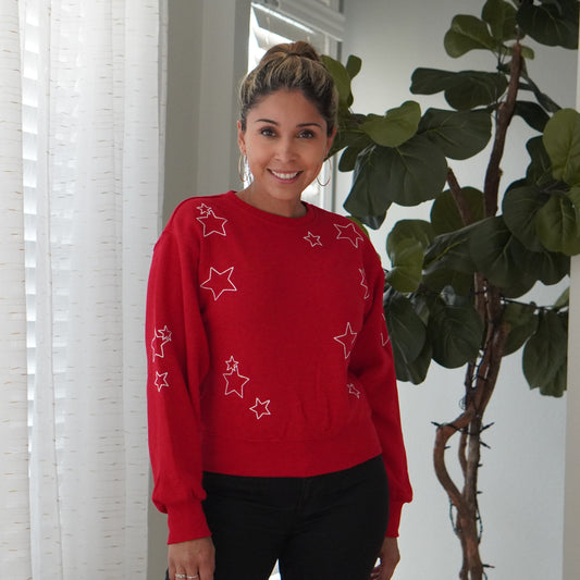 Red Basic Fleece Sweatshirt With Star Embroidery