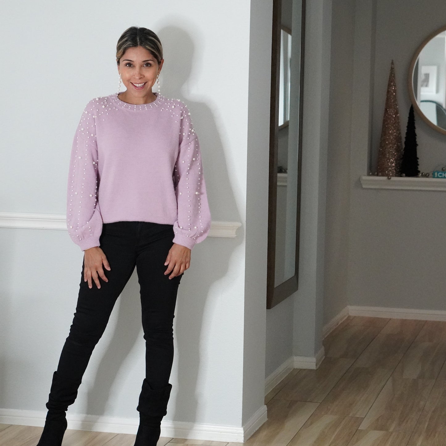 Mauve Pearl Beaded Mock Neckline Sweater