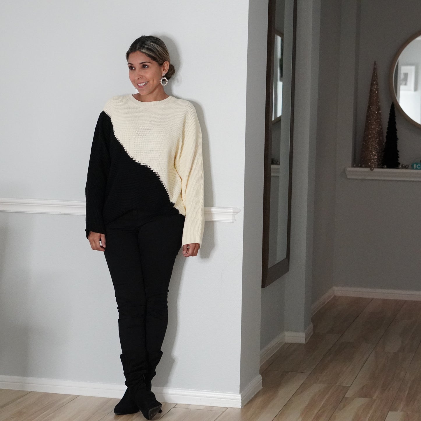 Ivory Color Block Long Sleeve Sweater