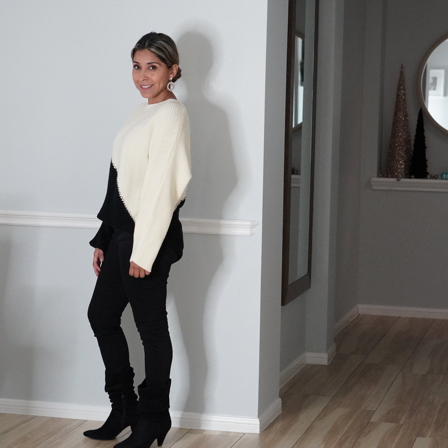 Ivory Color Block Long Sleeve Sweater