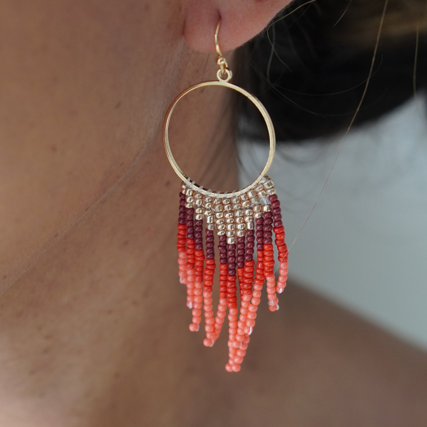 Coral Beaded Fringe Earrings