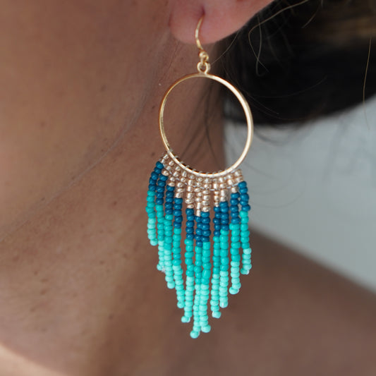 Turquoise Beaded Fringe Earrings