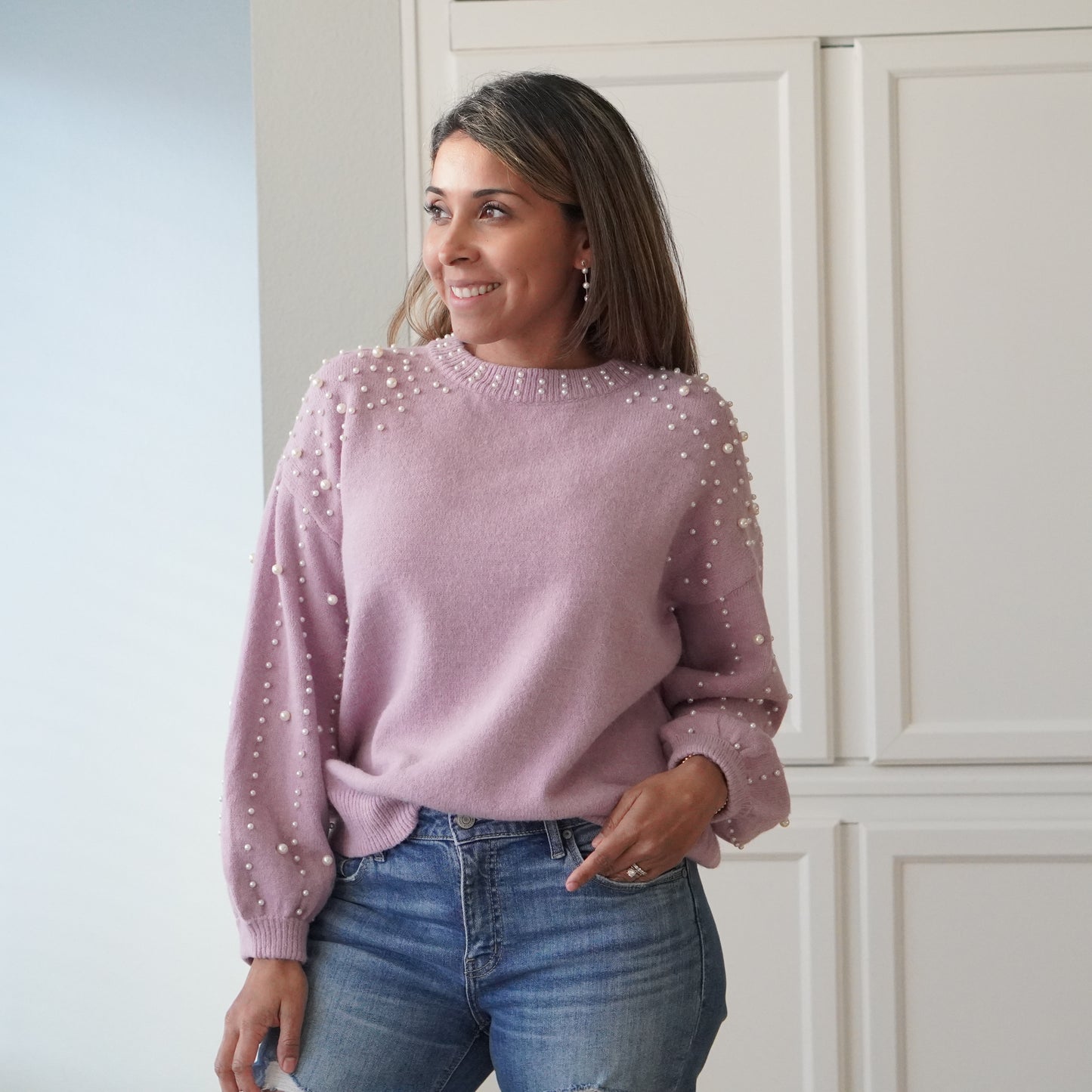 Mauve Pearl Beaded Mock Neckline Sweater