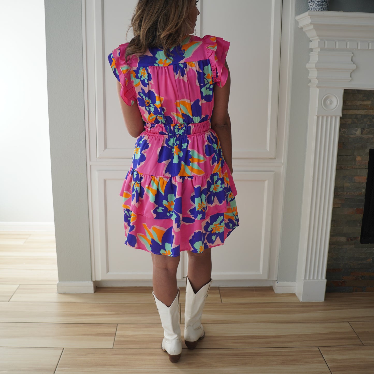 Pink Floral Print Ruffle Sleeve Mini Dress