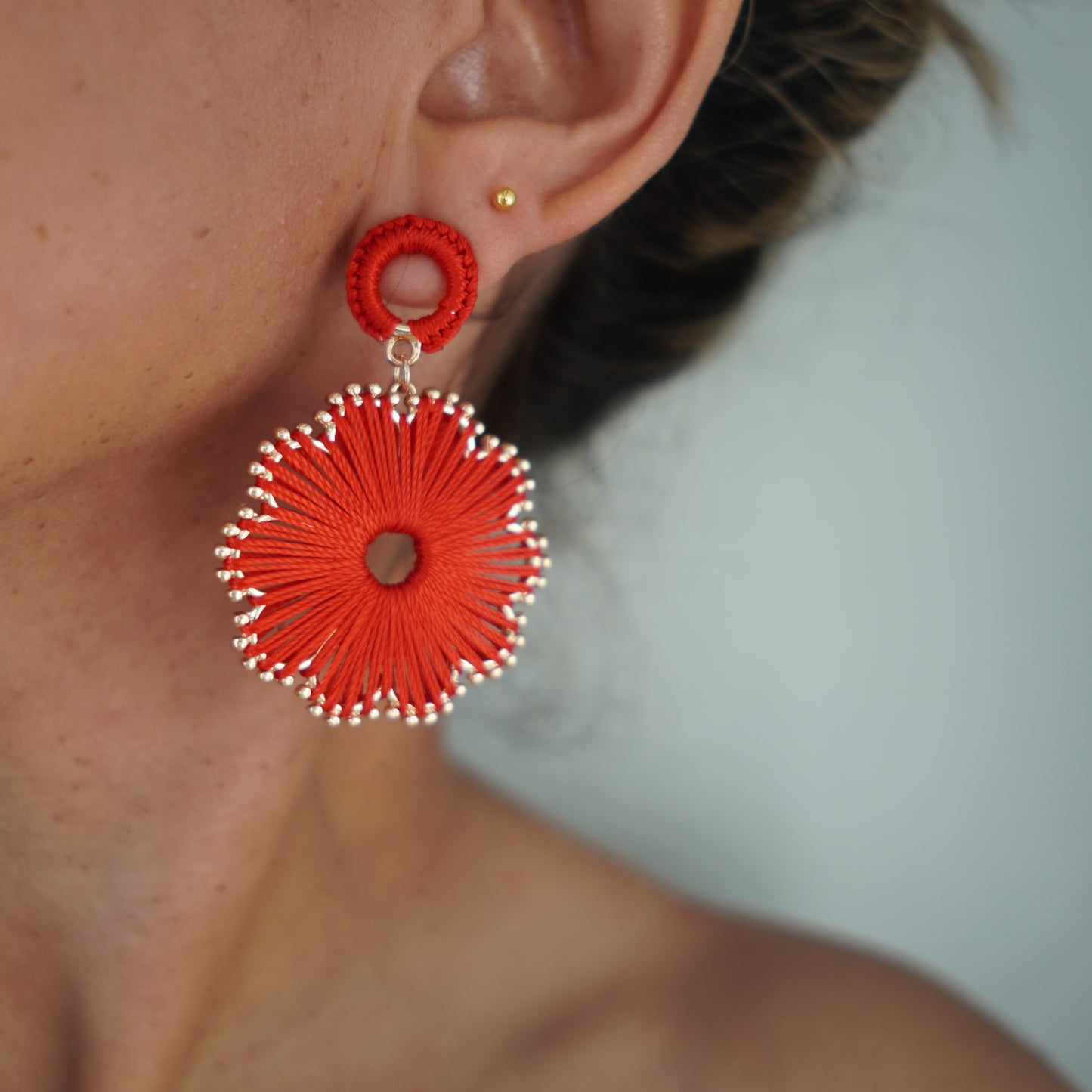 Red Thread Flower Dangle Earrings