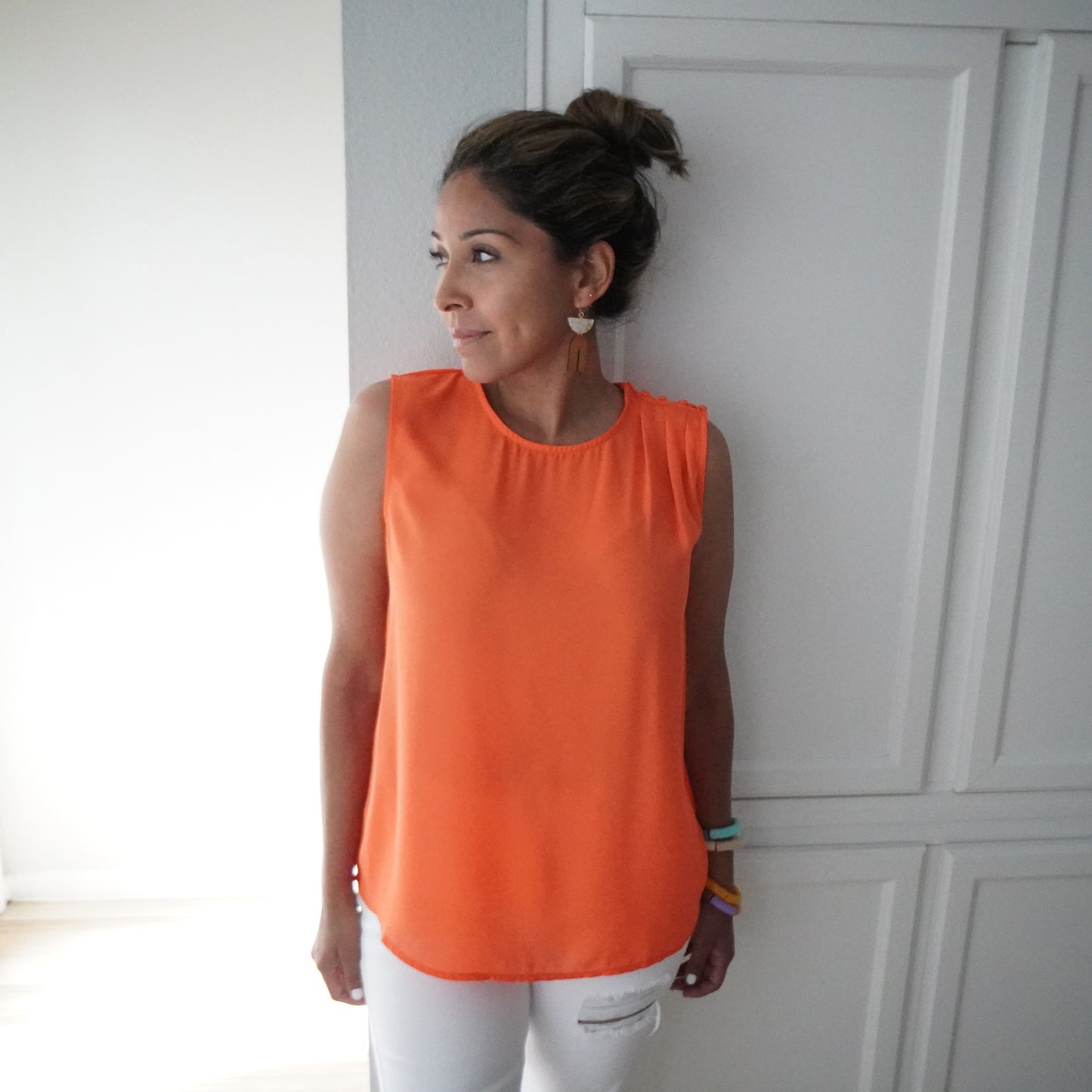 Orange Sleeveless Button Detail Top