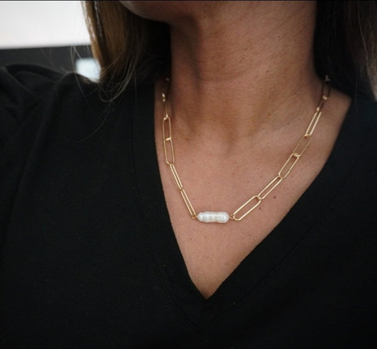 Gold Pearl Paper Clip Necklace