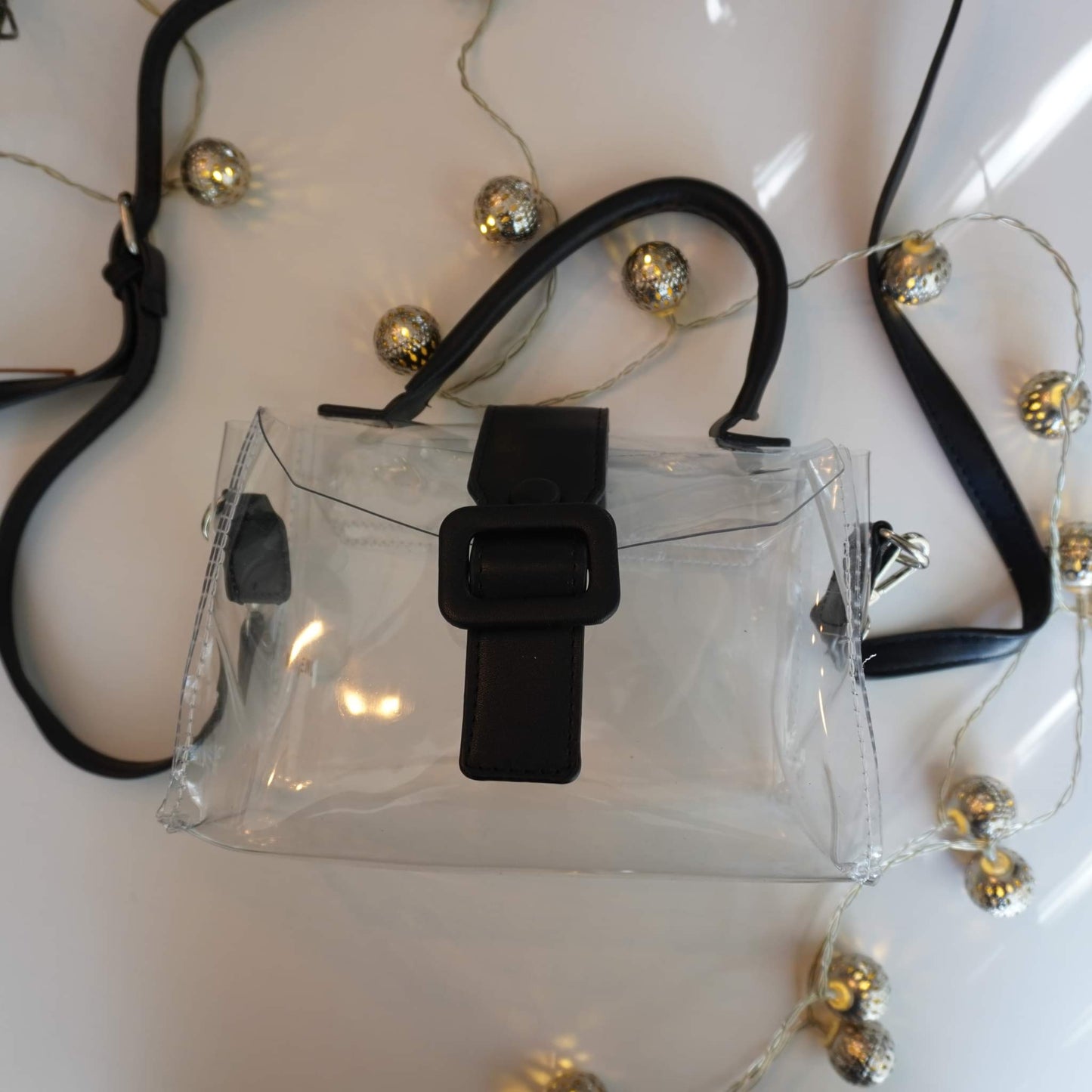 Clear Top Handle Bag With Crossbody Strap.